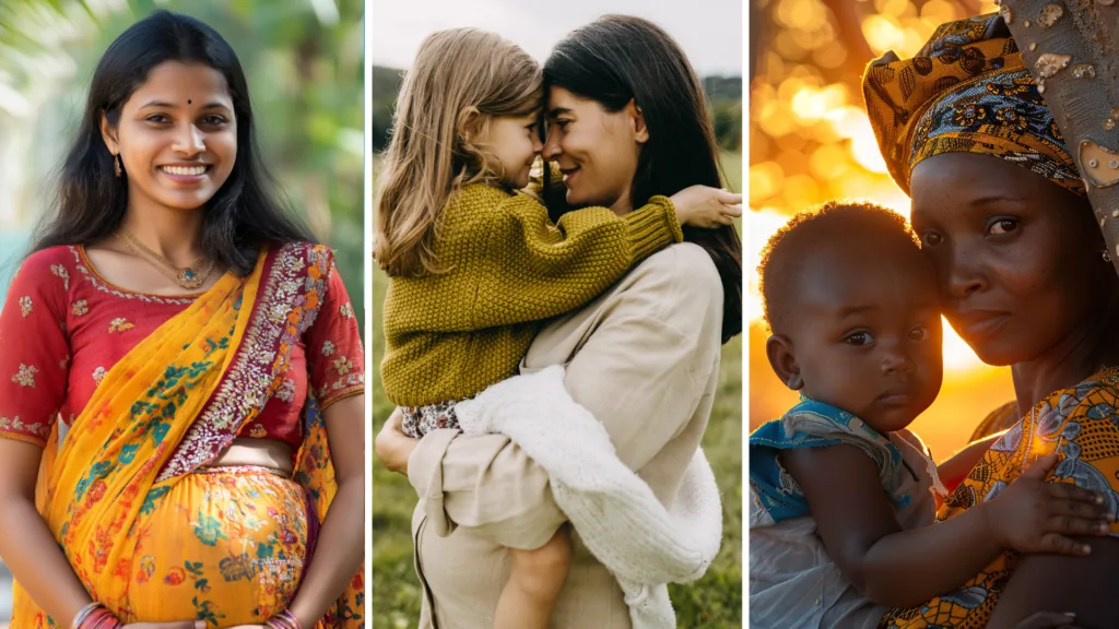 Three portraits side by side: a pregnant woman, a parent holding a young child, and a mother holding her baby