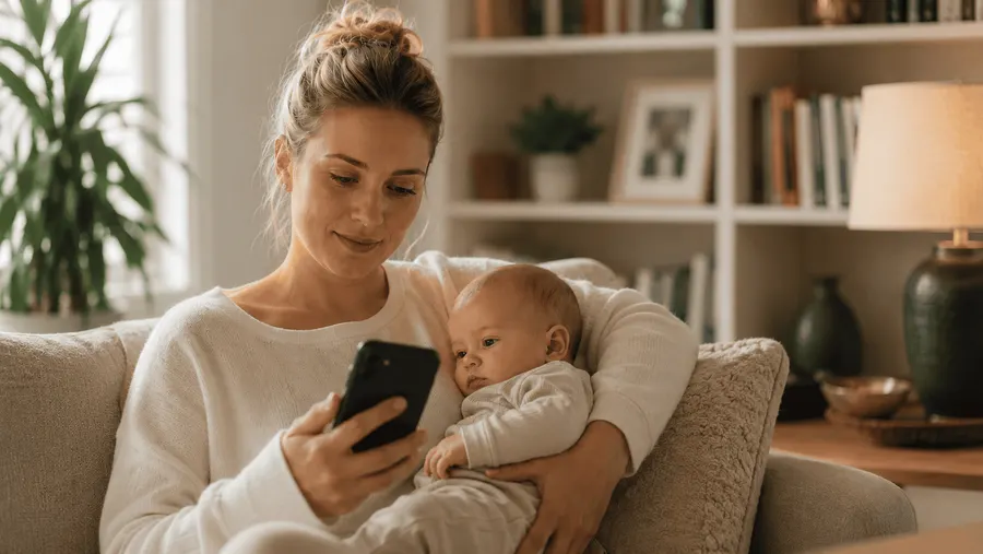 A parent checking their phone while holding a baby