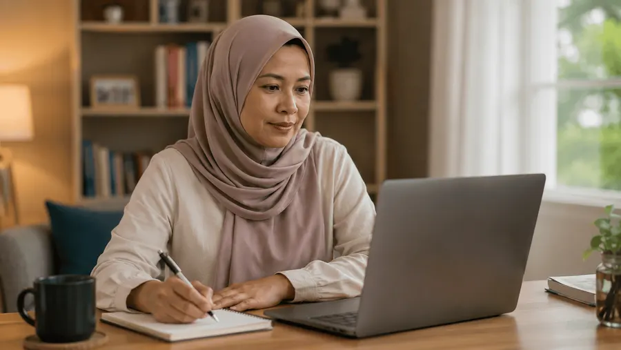 A woman taking notes beside a laptop