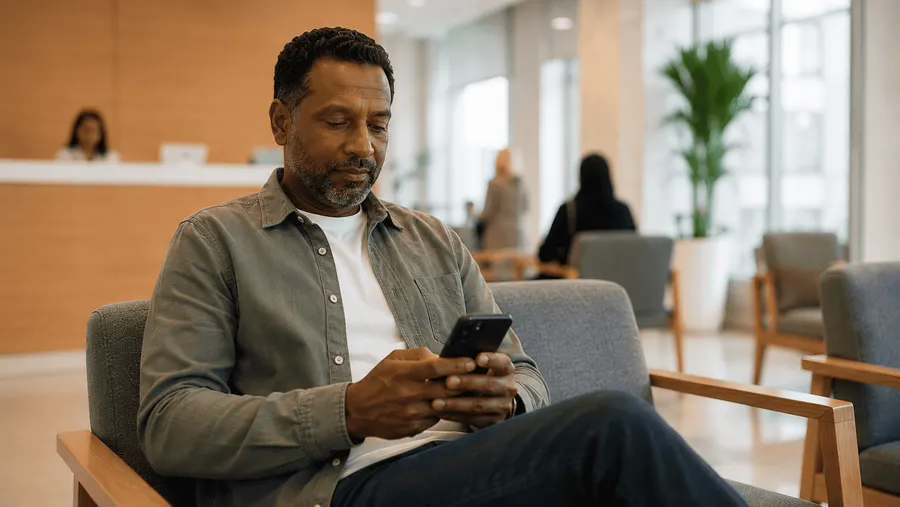 A man checking his phone in a waiting room