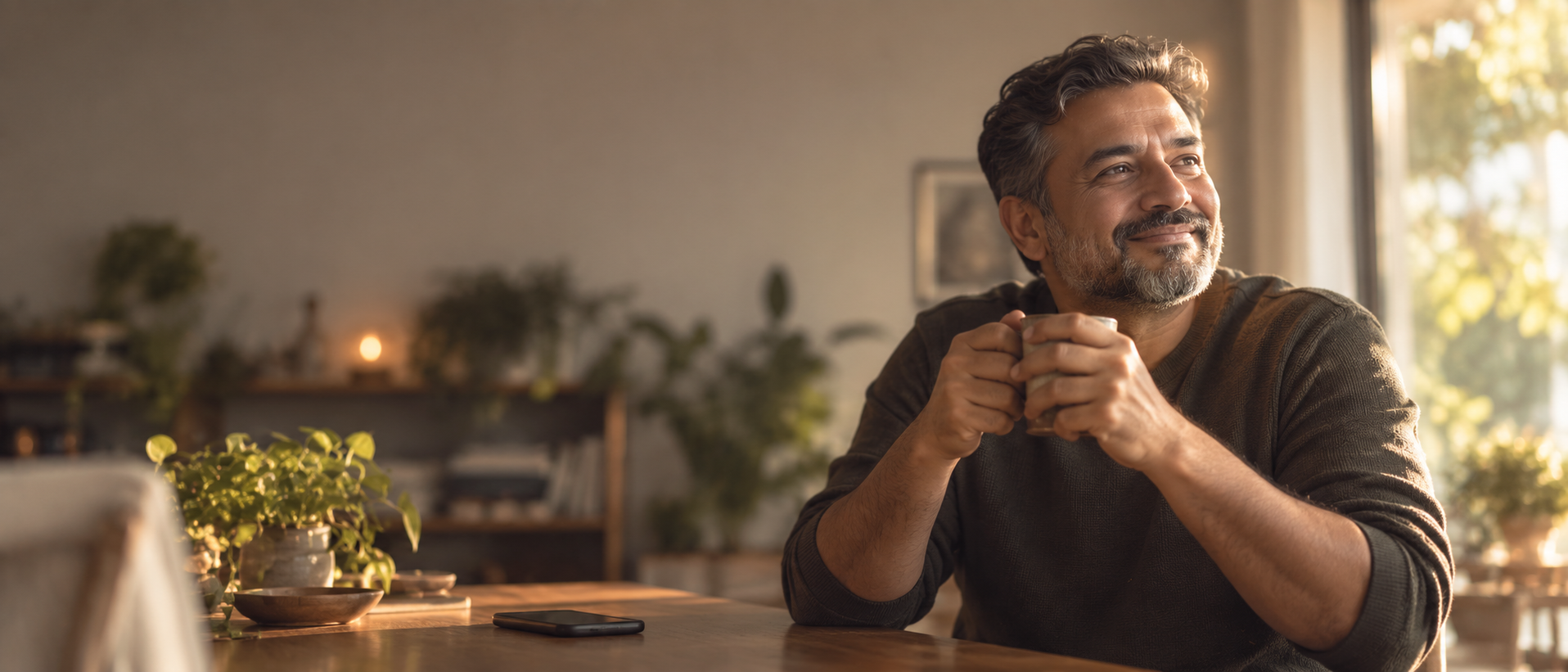 A man smiling warmly while holding a mug of tea, sitting at a sunlit table at home