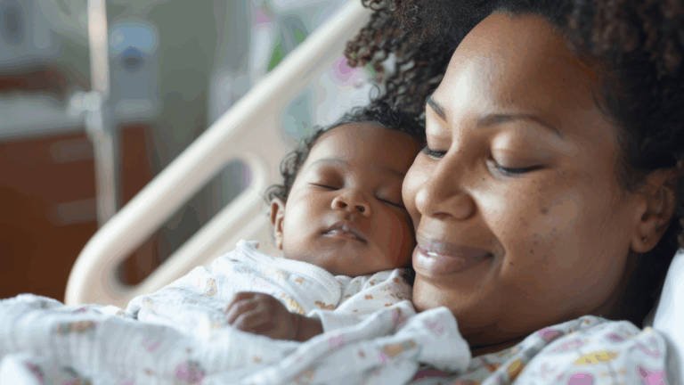 Mom smiling while holding her newborn baby in hospital bed