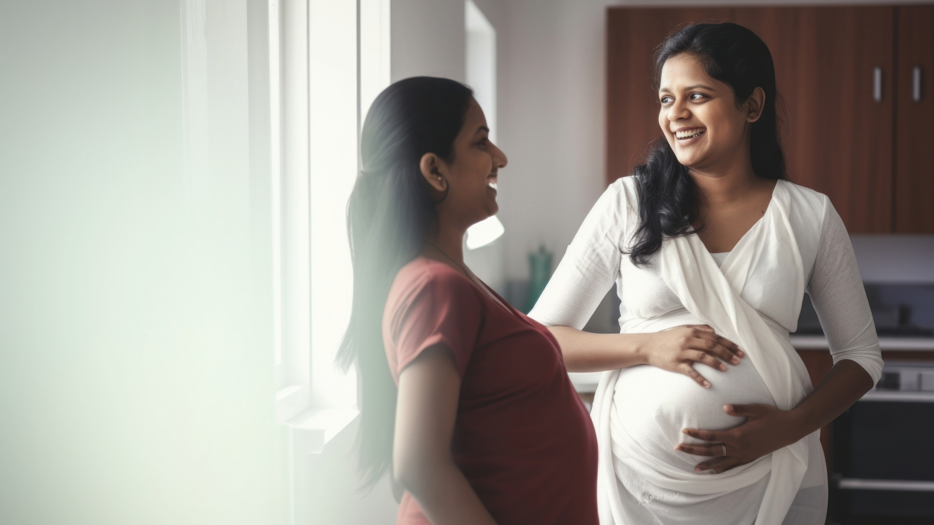 Two pregnant Indian women laughing — maternal health and safer pregnancies
