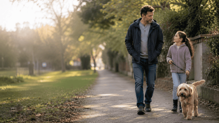 Man and girl walking with dog during World Anemia Awareness event in park.