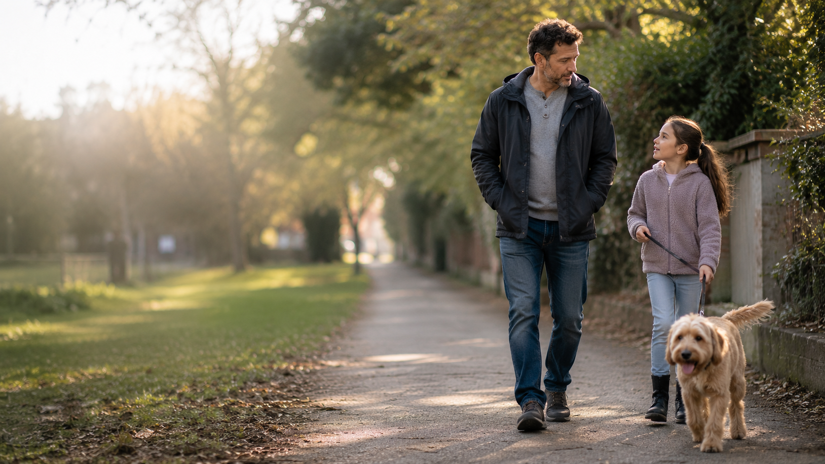 Man and girl walking with dog during World Anemia Awareness event in park.