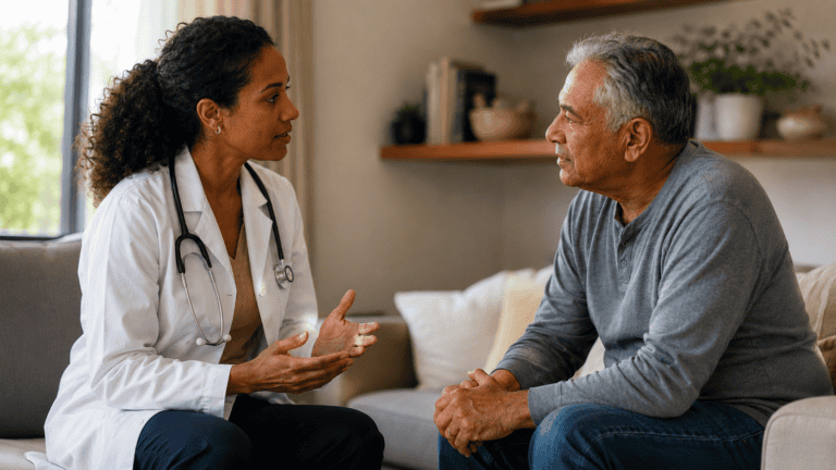 Doctor discussing blood health with an older male patient in a consultation room.