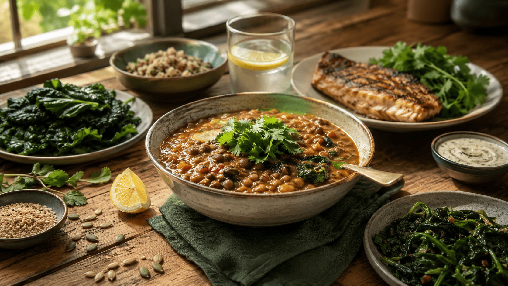 Healthy iron-rich meal with beans, spinach, fish, and lemon for anemia awareness.