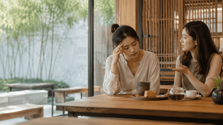 Two women talking about anemia awareness at a cafe table.