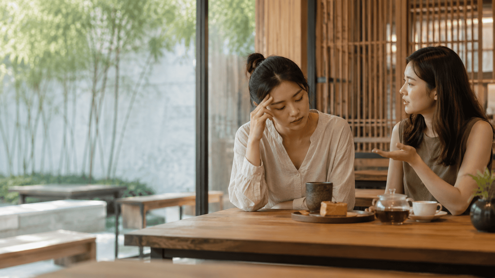 Two women talking about anemia awareness at a cafe table.