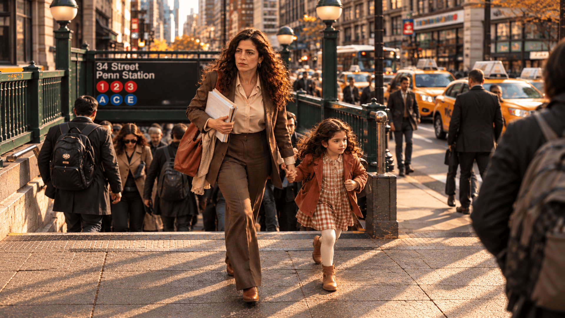 A woman carrying papers and a bag walks up from a busy city subway entrance, holding her young daughter's hand.