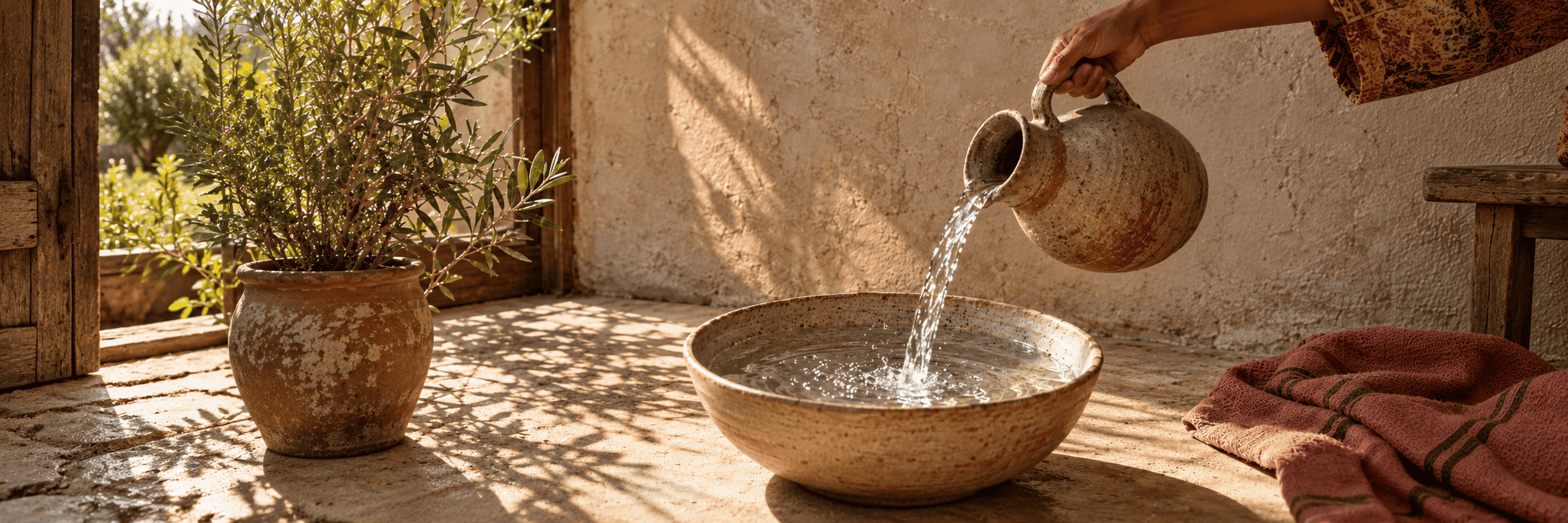A hand pours water from a ceramic jug into a wide stoneware bowl in dappled sunlight.