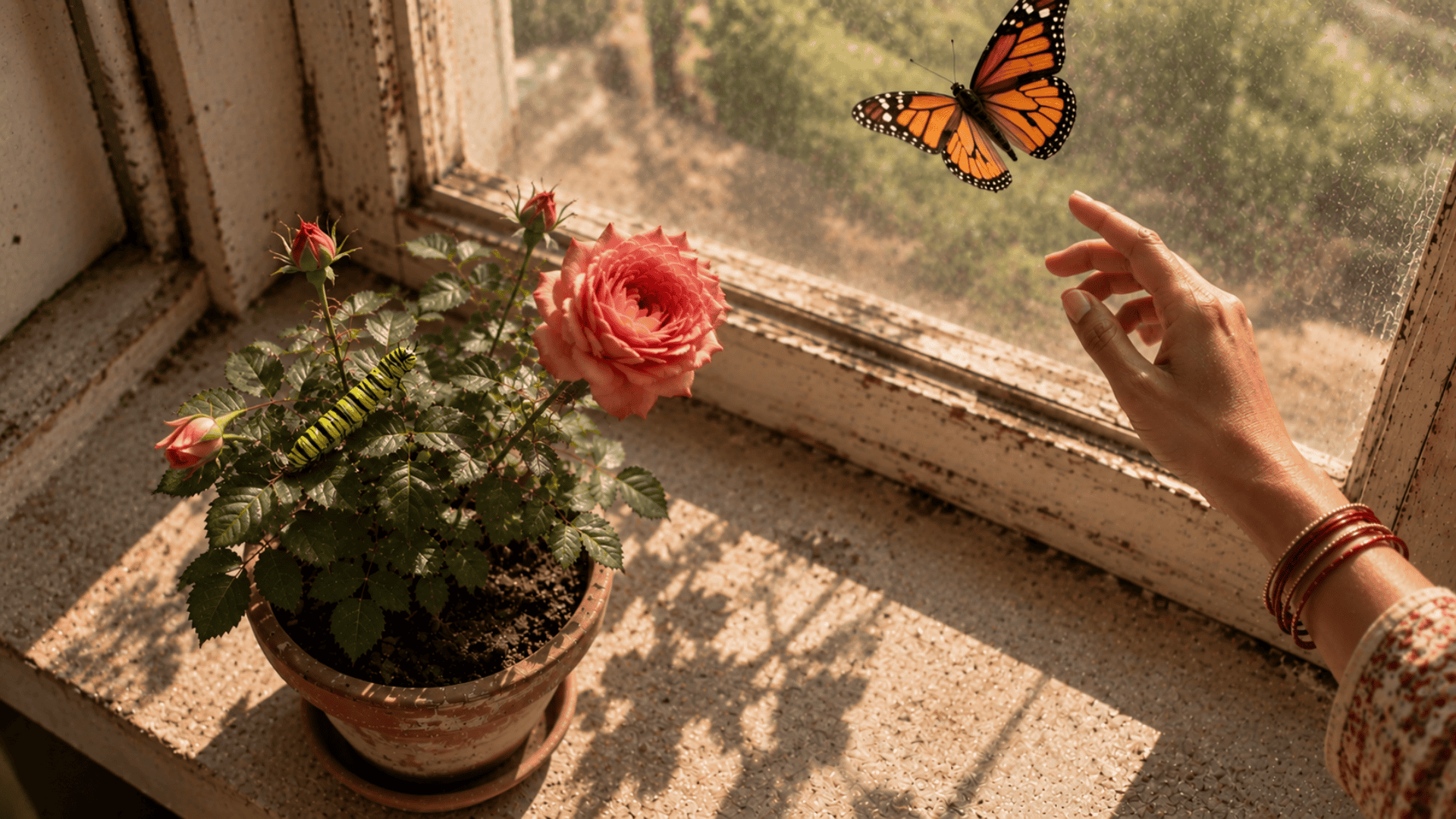 A woman's hand reaches toward a monarch butterfly beside a windowsill where a potted rose holds a caterpillar.