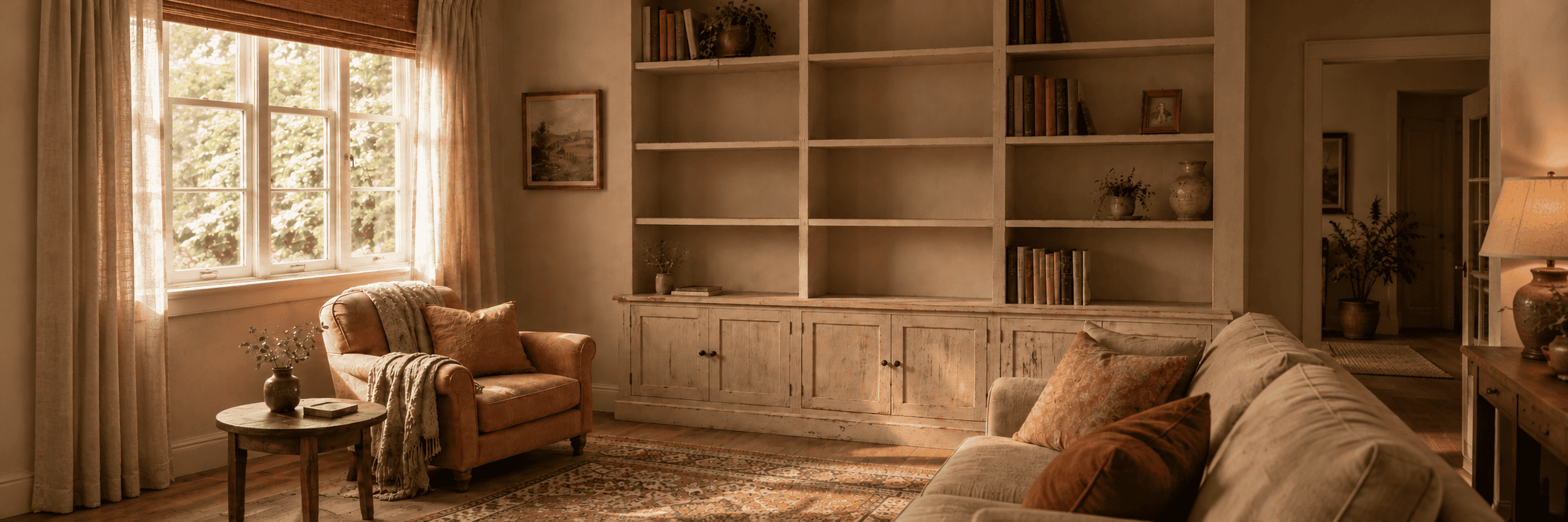 A sunlit living room with a pink armchair by the window and partly empty wooden bookshelves.