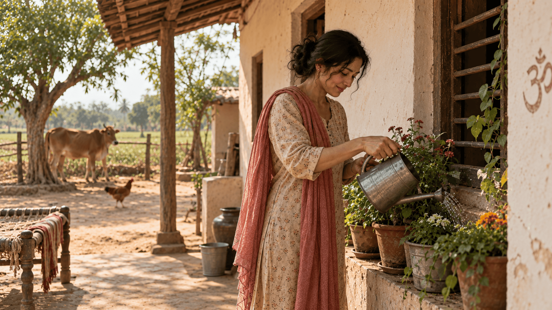 A woman in a floral kurta and pink dupatta waters potted flowers outside a rural home.