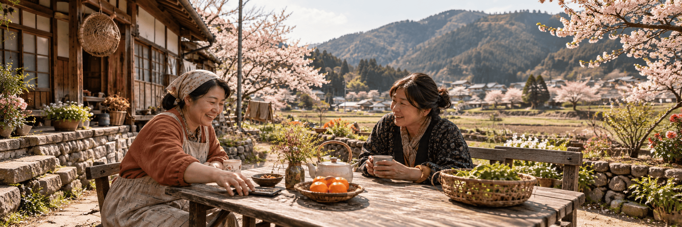 Two women enjoying tea outdoors in a rural setting with cherry blossoms and mountains.