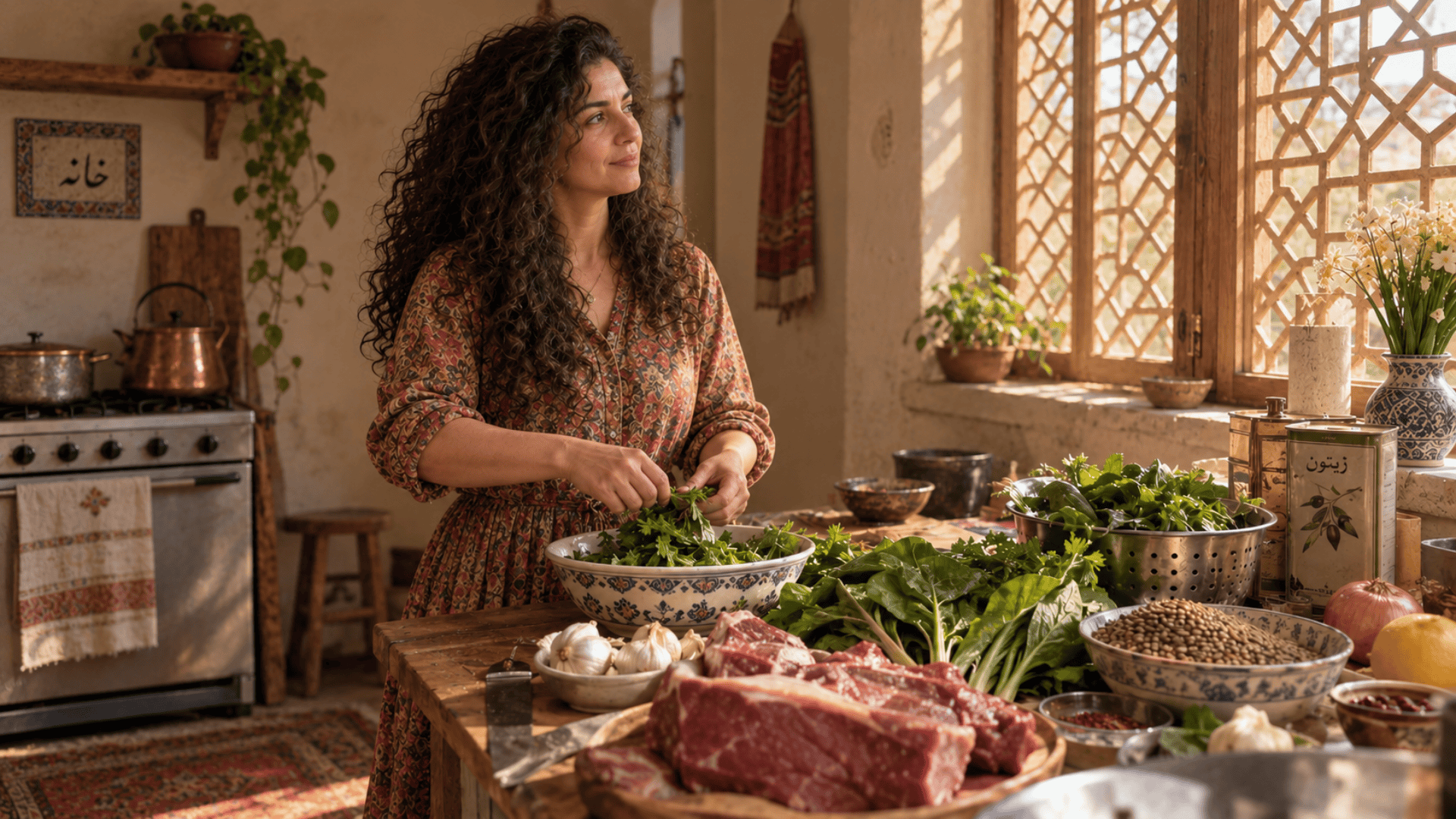 A woman prepares fresh herbs in a sunlit kitchen, with leafy greens, lentils, and red meat laid out on the table.